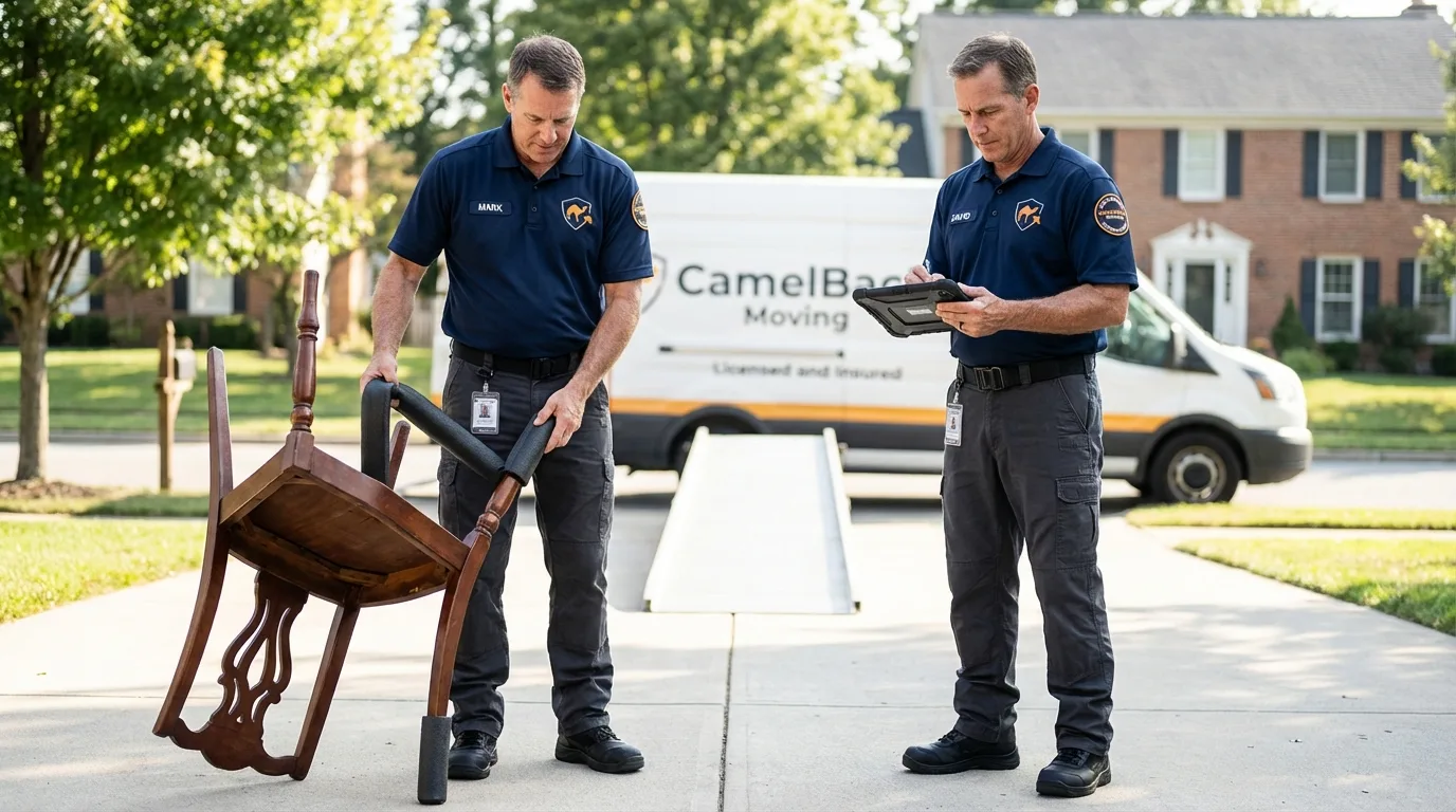 Movers inspecting furniture for damage prevention before loading in Marksville, LA