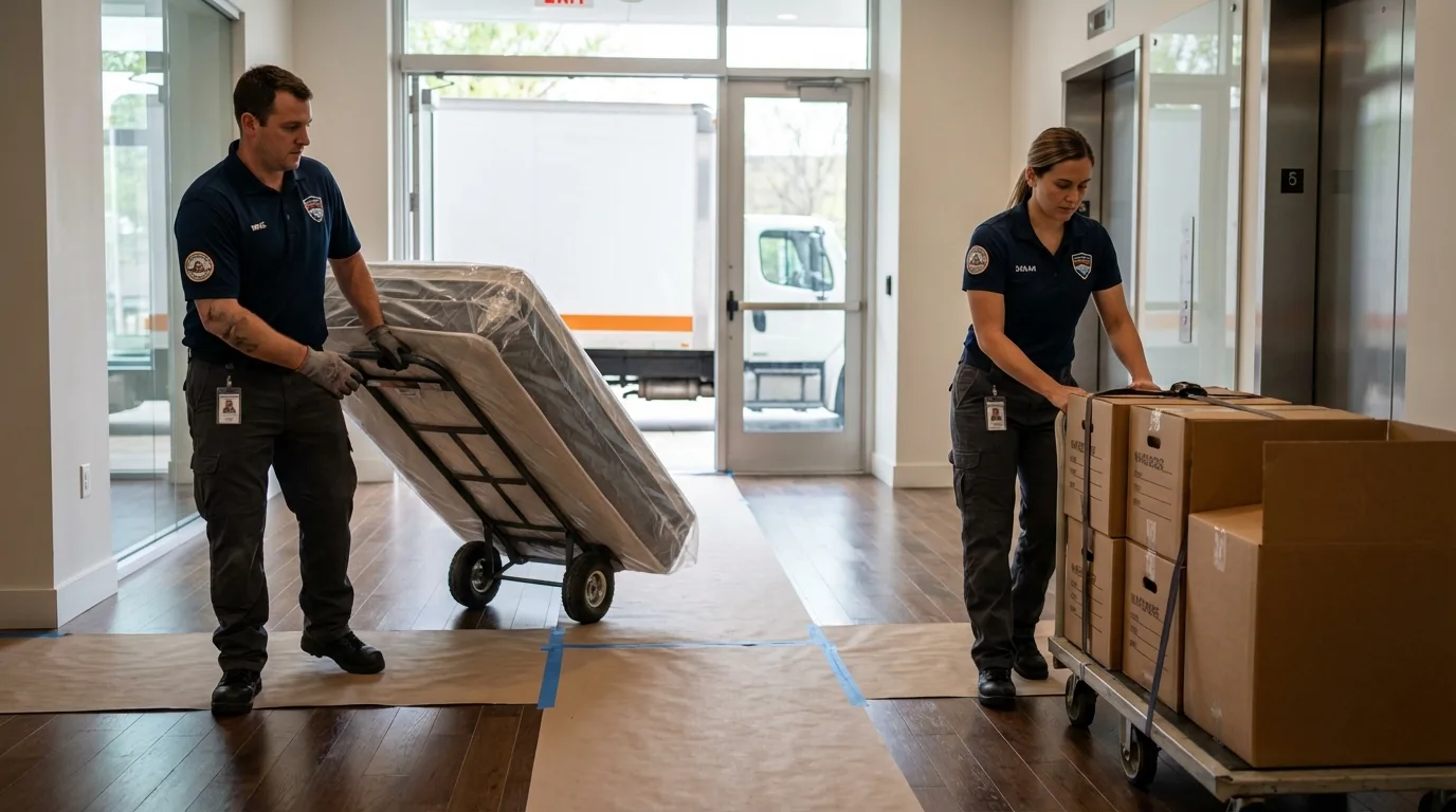 Professional apartment movers loading elevator in Marksville, LA